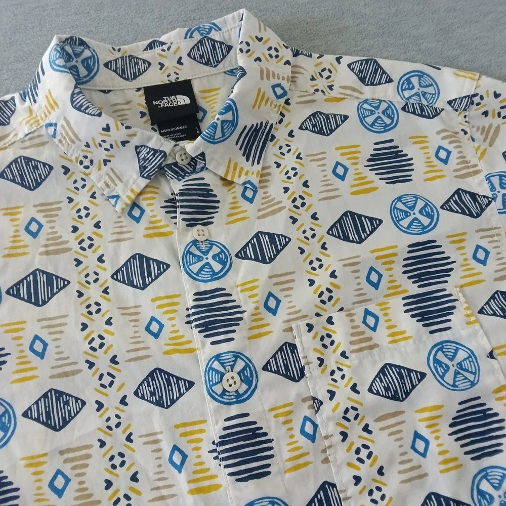The North Face Mens Large White Blue Yellow Geometric Tribal Cotton Button Shirt